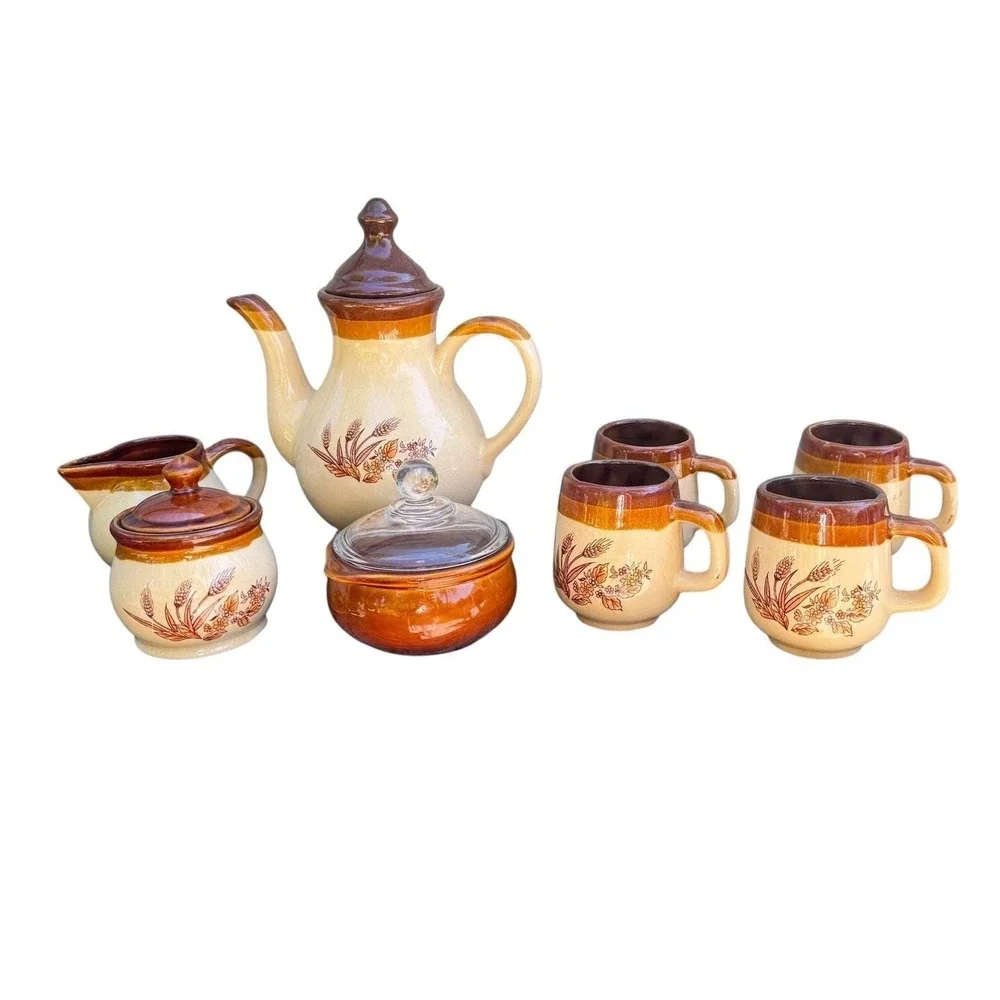 Vintage Stoneware Tea Set Wheat Pattern Teapot Creamer‎ Sugar 4 Mugs Brown Tan
